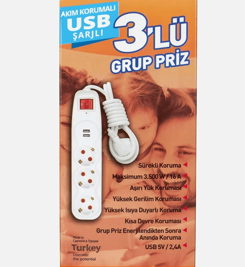 2 Usb Girişli Çocuk Korumalı 3'lü Anahtarlı Akım Korumalı Topraklı Grup Priz